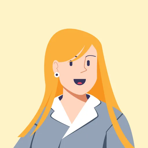 A blonde smiling woman wearing a grey shirt illustration