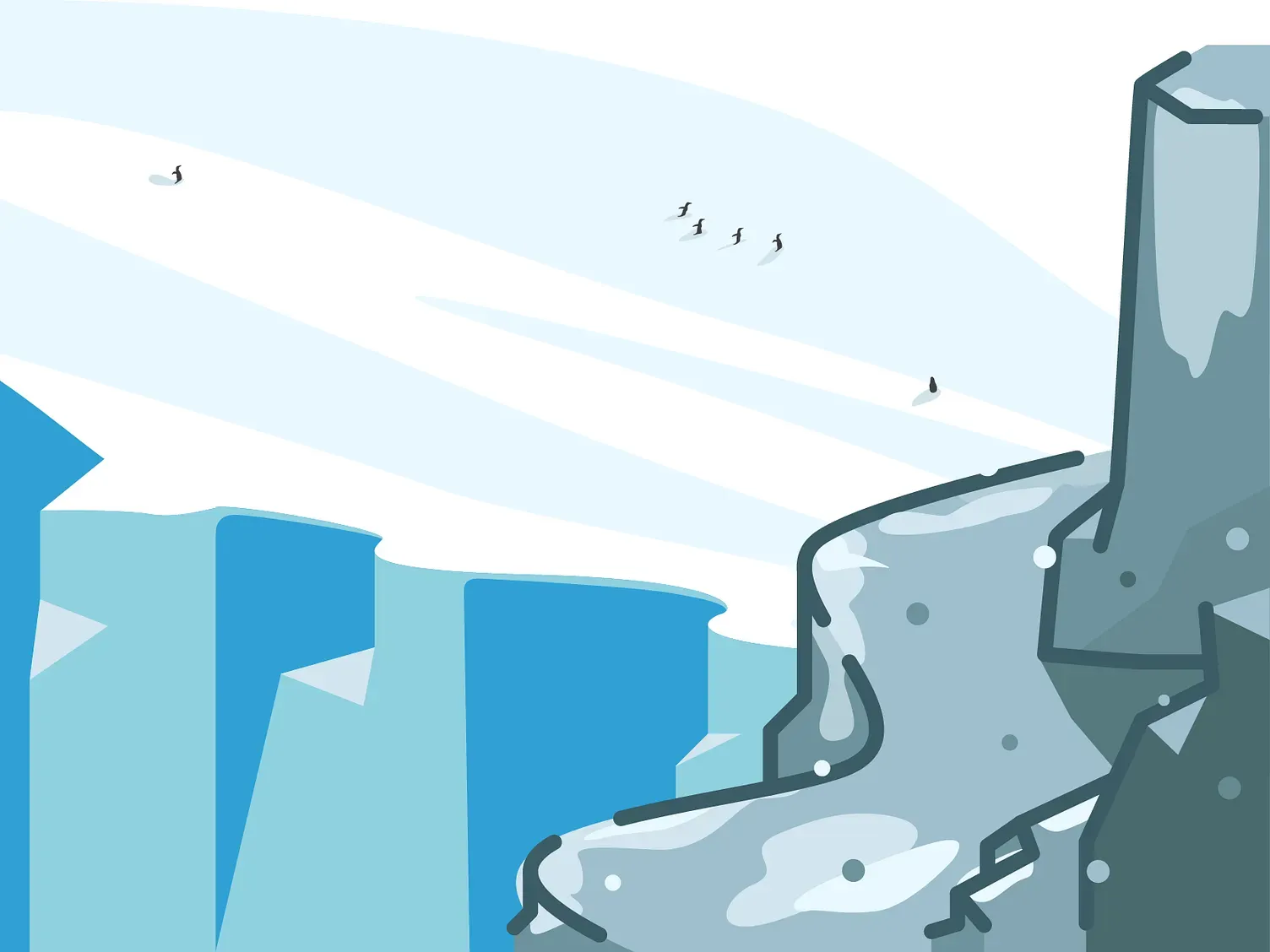 An illustration of a penguins colony from mountain view