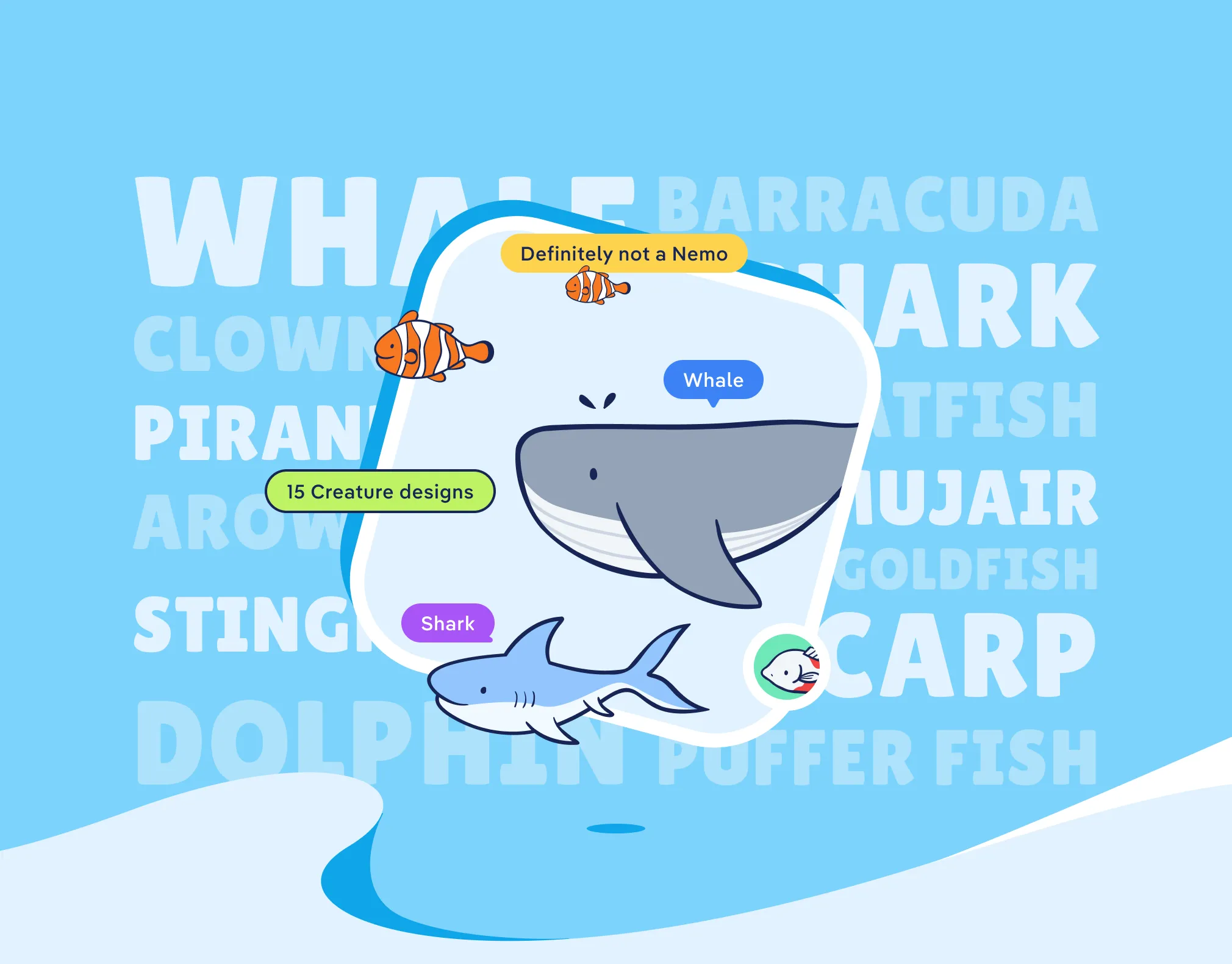 Cute fishes, whale, and dolphin 2D flat illustrations