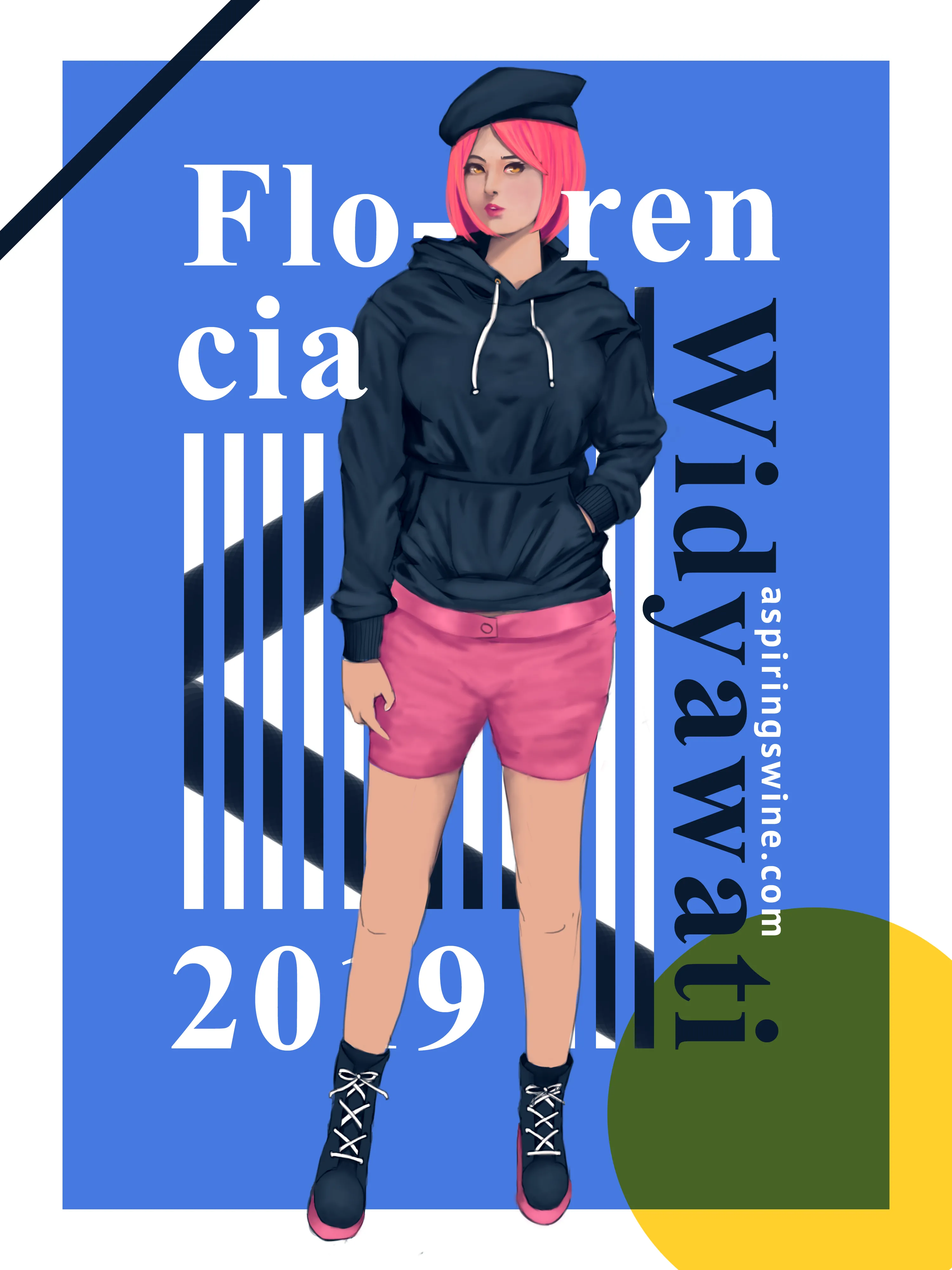 Full body llustration of a woman with a hoodie and a beret