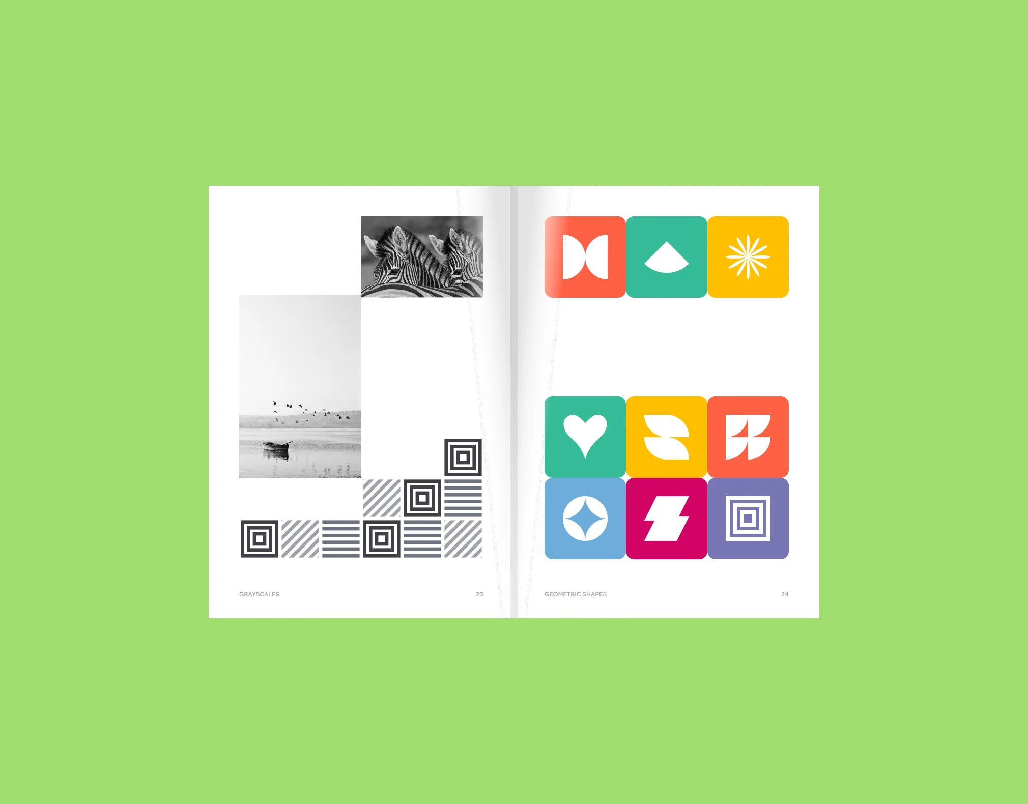 Geometric shapes and patterns applied on book page designs