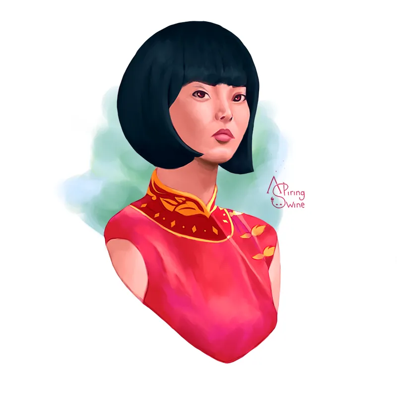 Illustration of a Chinese woman with a traditional red cloth