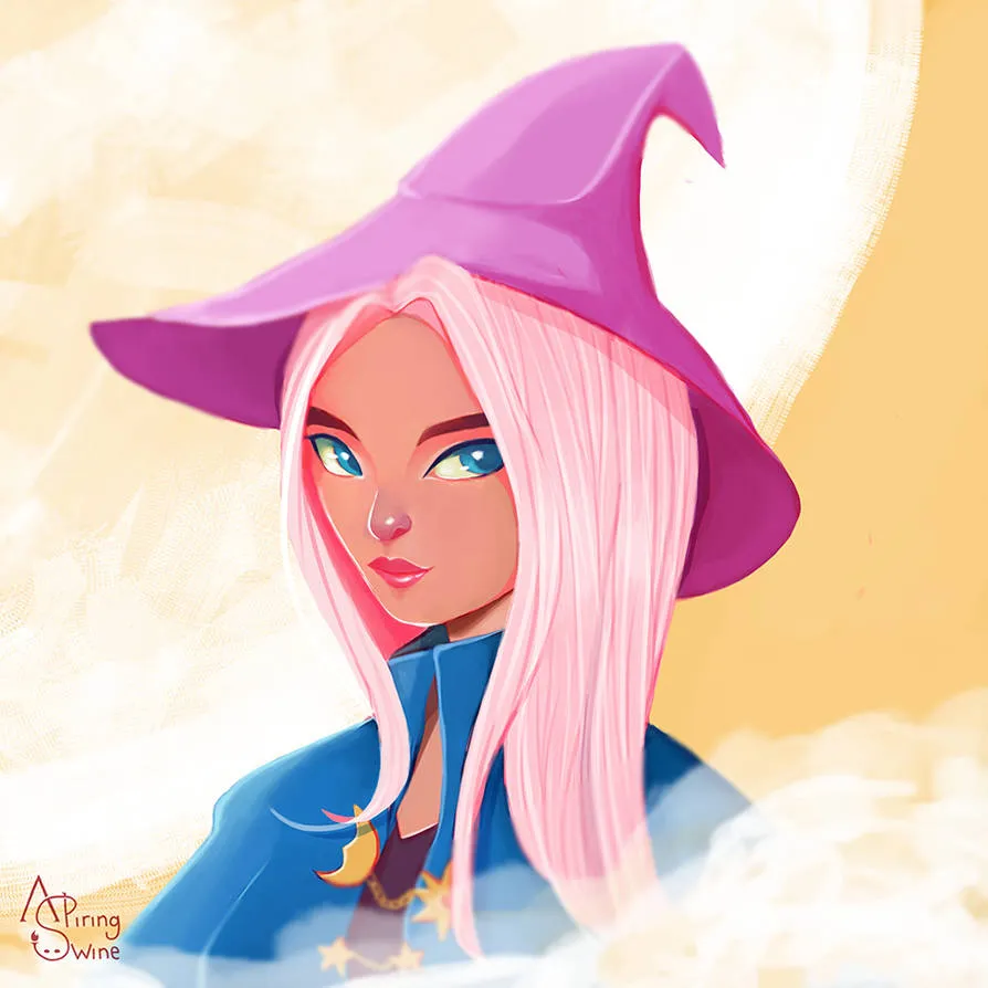 Illustration of a magician woman with pink witch hat