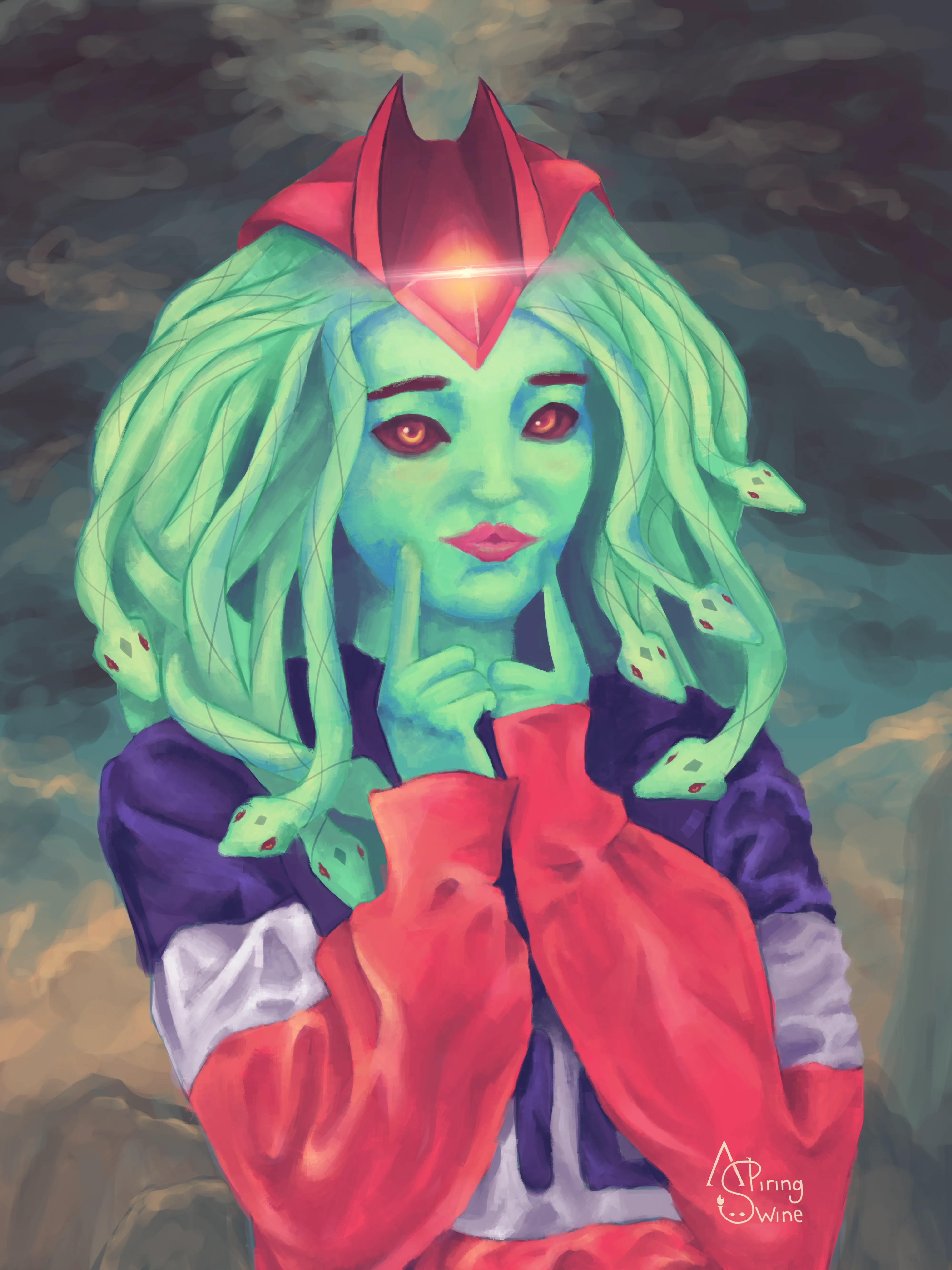 Illustration of a Medusa from DotA 2 wearing a Fila hoodie