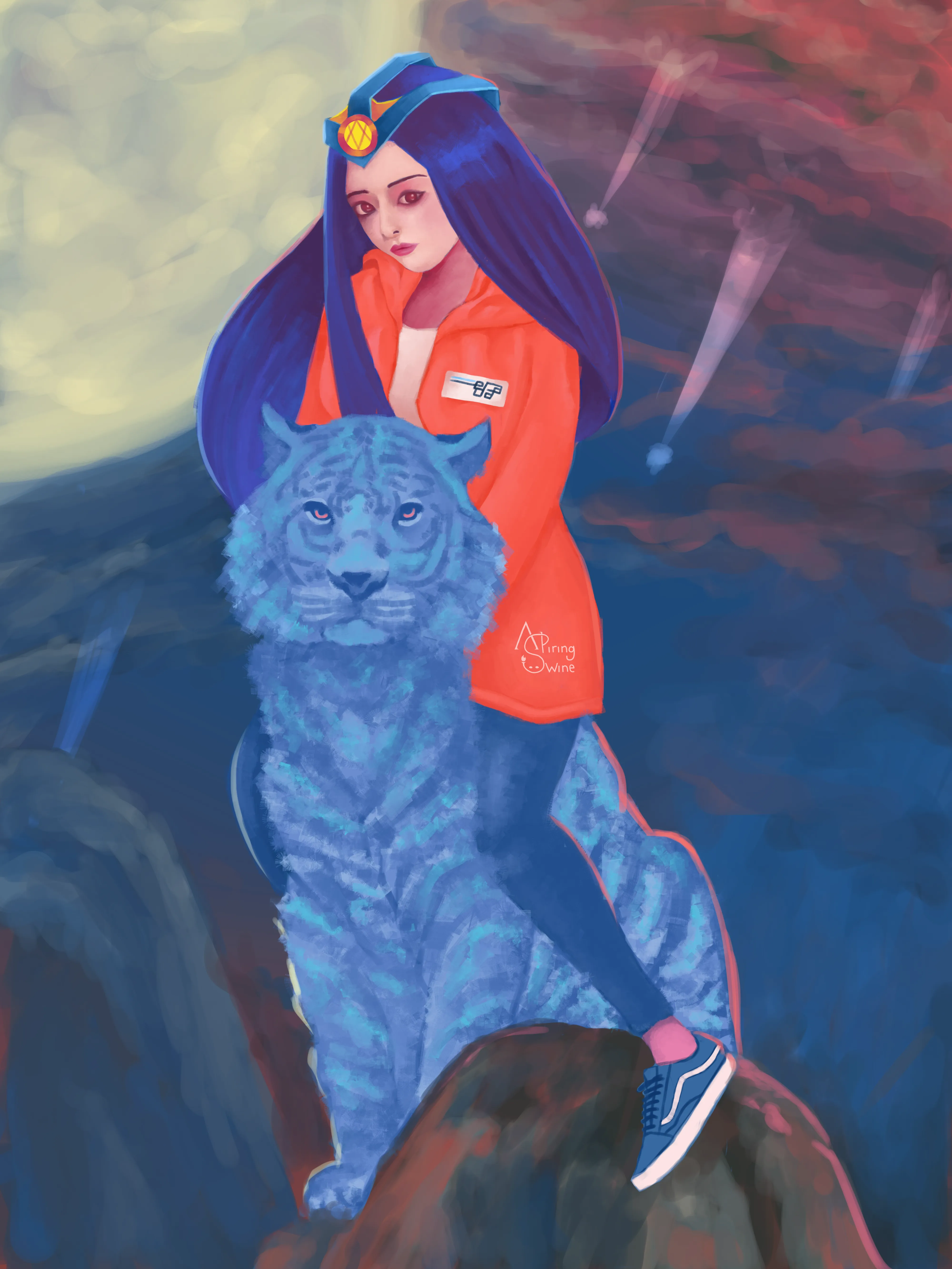 Illustration of a Mirana and her tiger with an orange jacket