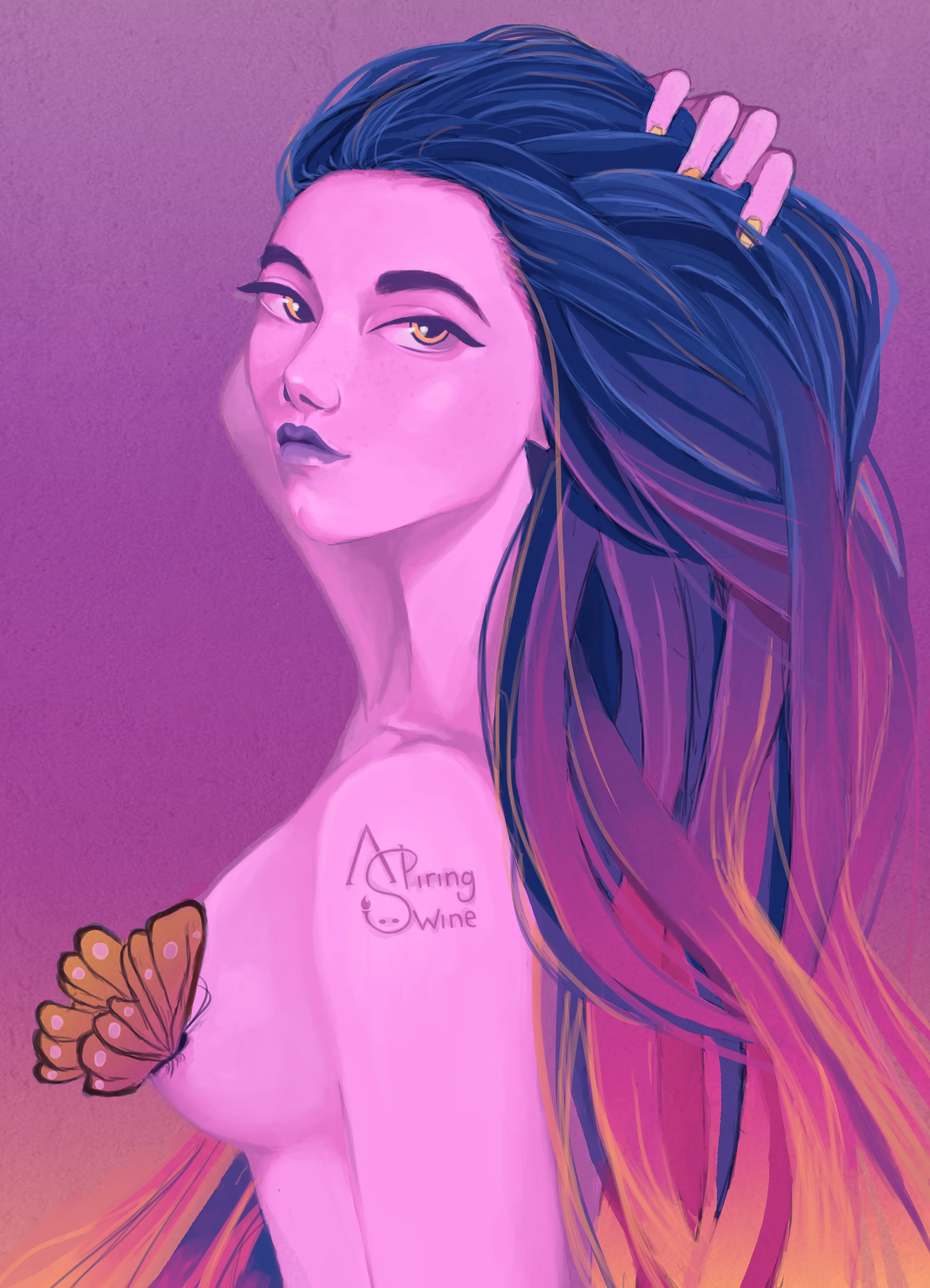 Illustration of a naked woman, censored nipple & butterfly