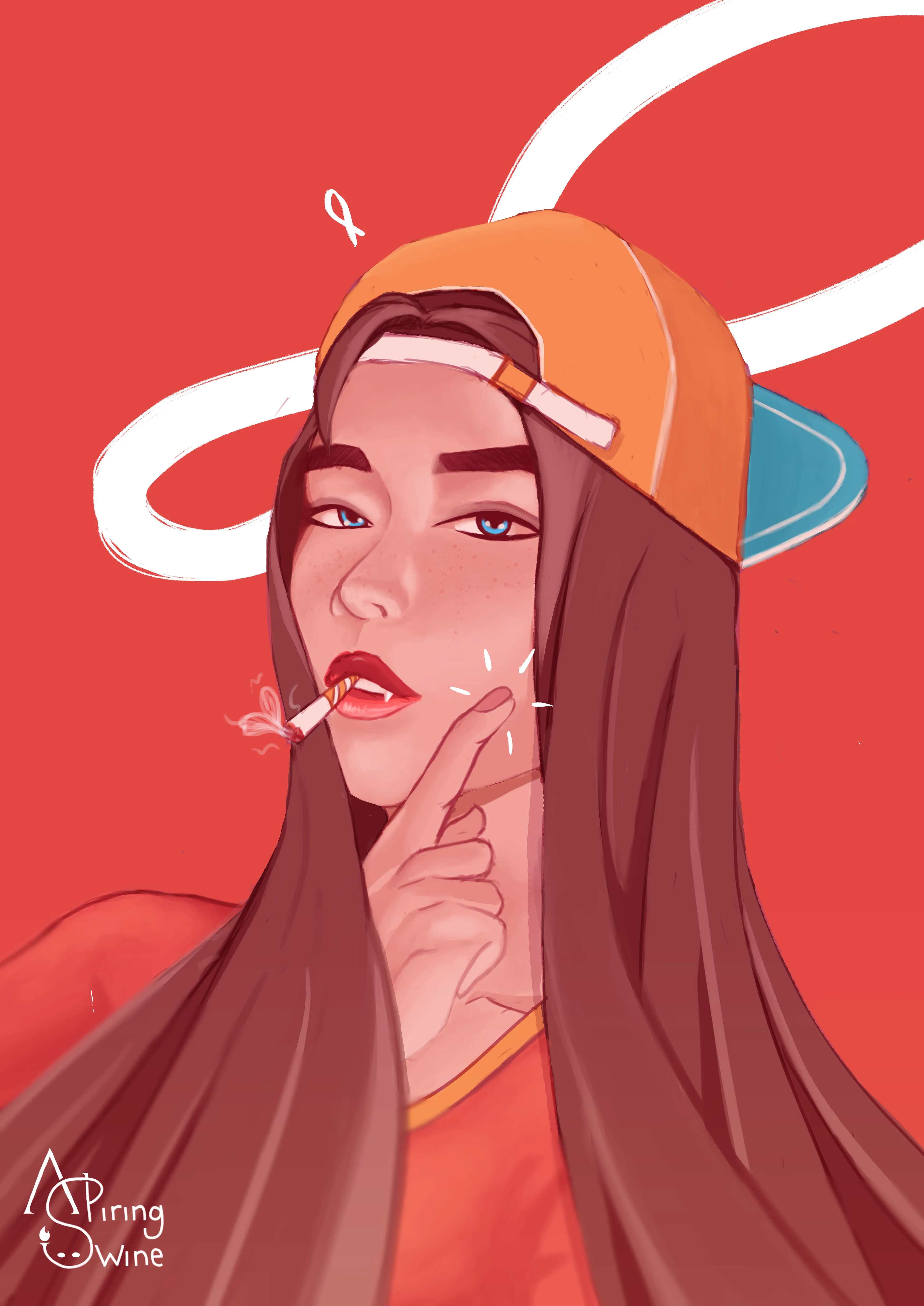 Illustration of a woman fangs smoking cigarette & cute pose