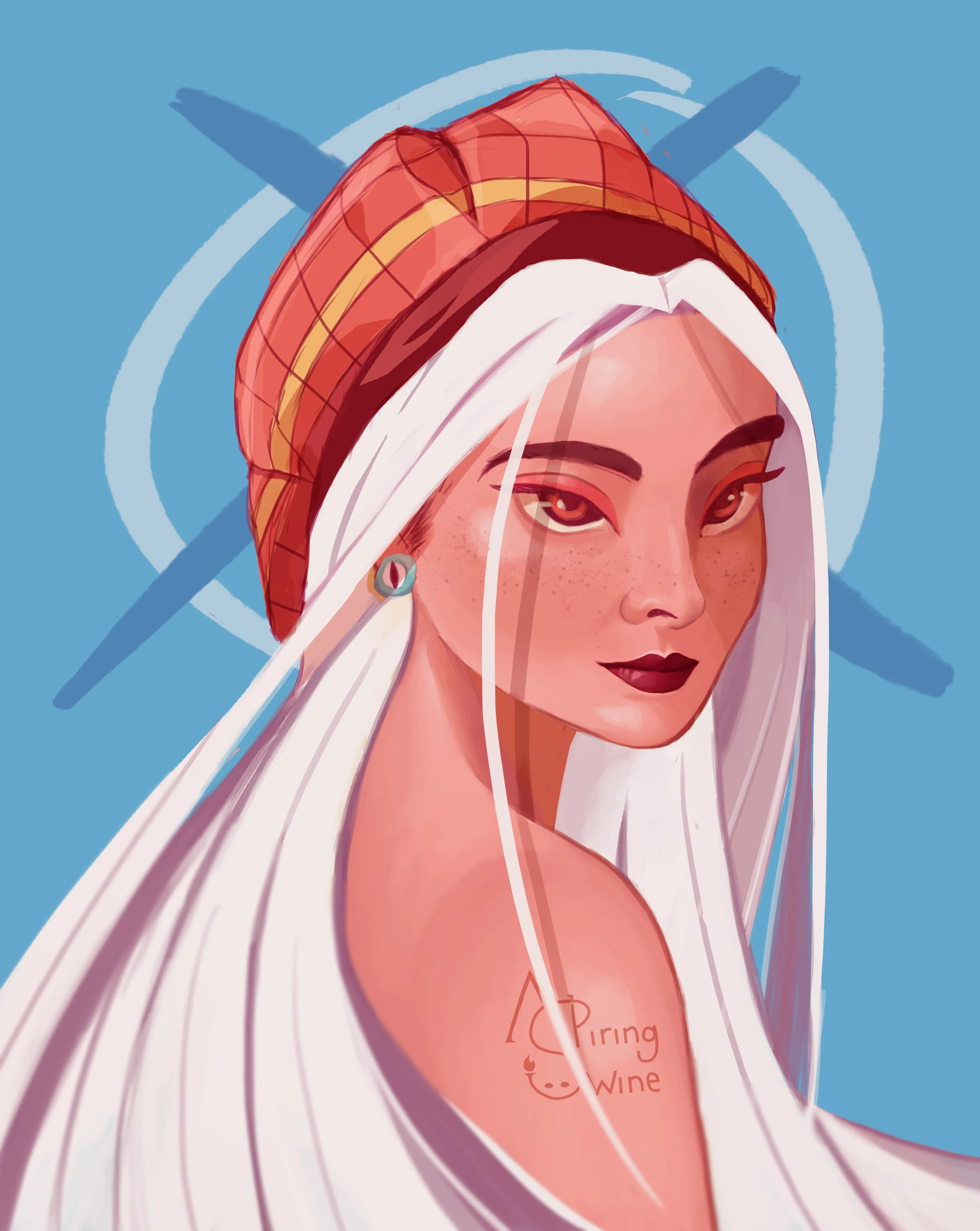 Illustration of a woman with long white hair wears beret hat