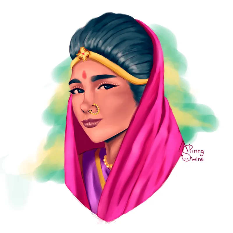 Illustration of an Indian woman wearing a pink Saree