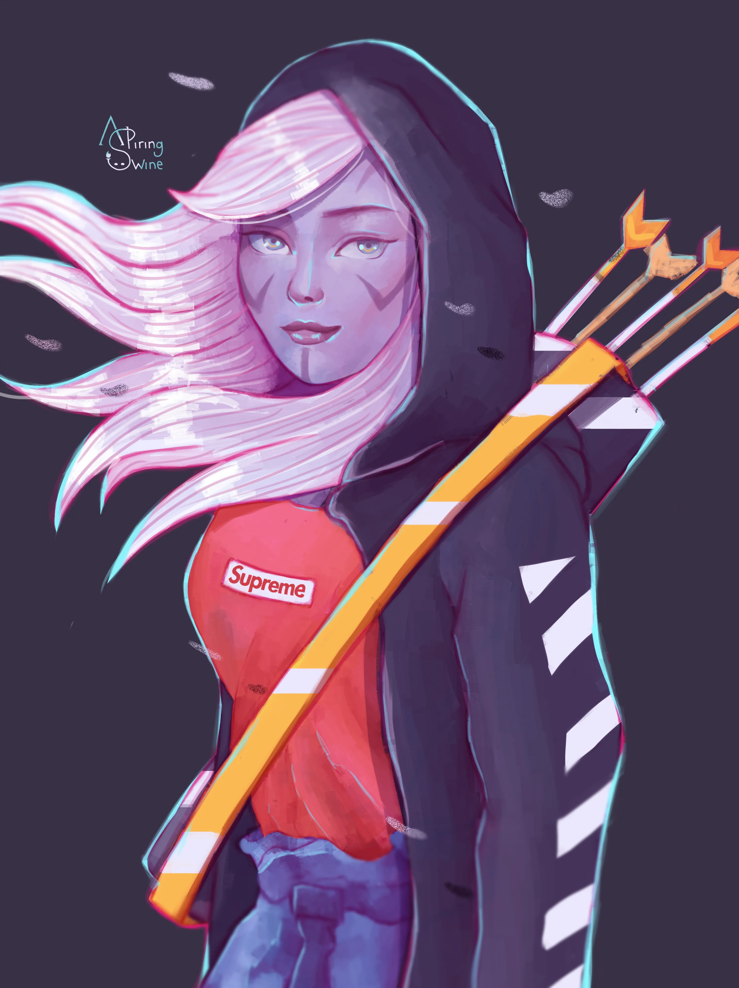 Illustration of Drow Ranger wearing a Supreme and Off White