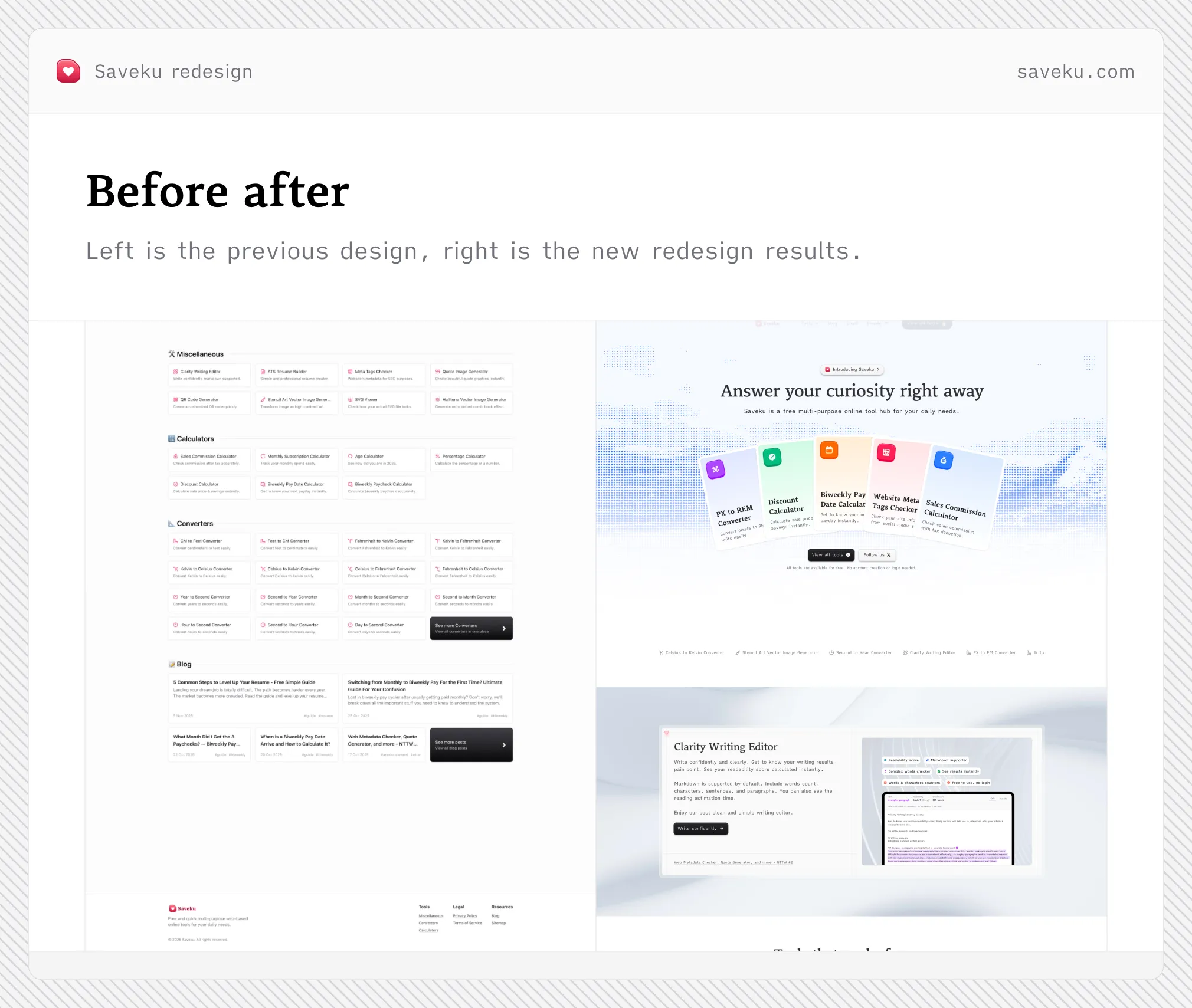 Showcase both old and new design as part of before and after